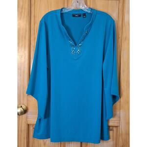 Susan Graver Artisan Shirt Women's XL Turquoise Jewelled Neckline Bell Sleeves